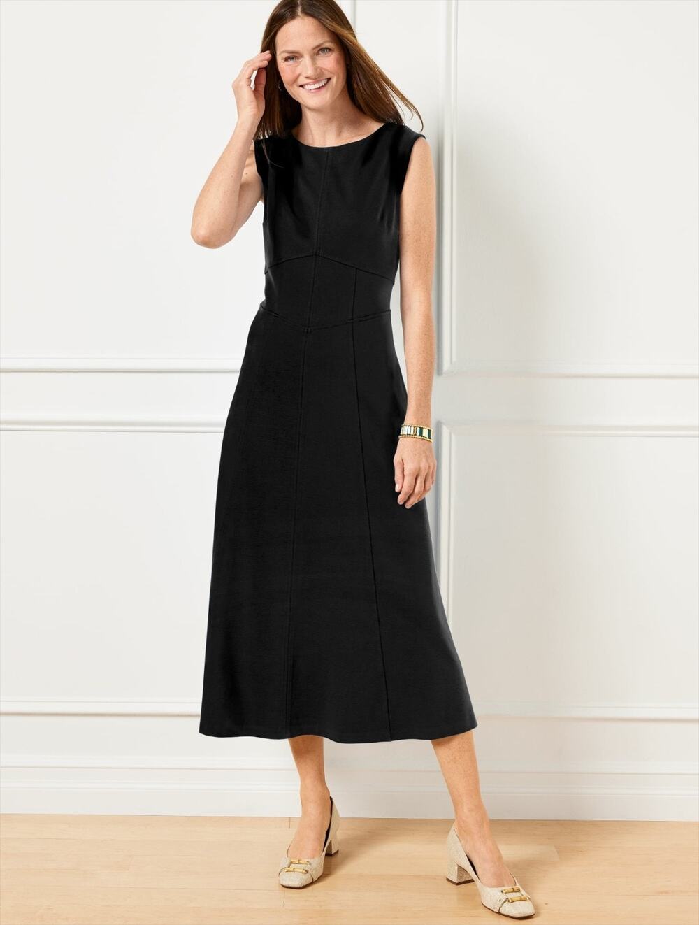 Talbots Dress Womens 18 2X Black Midi Ponte Knit Jewel Neck Office Pocket Empire